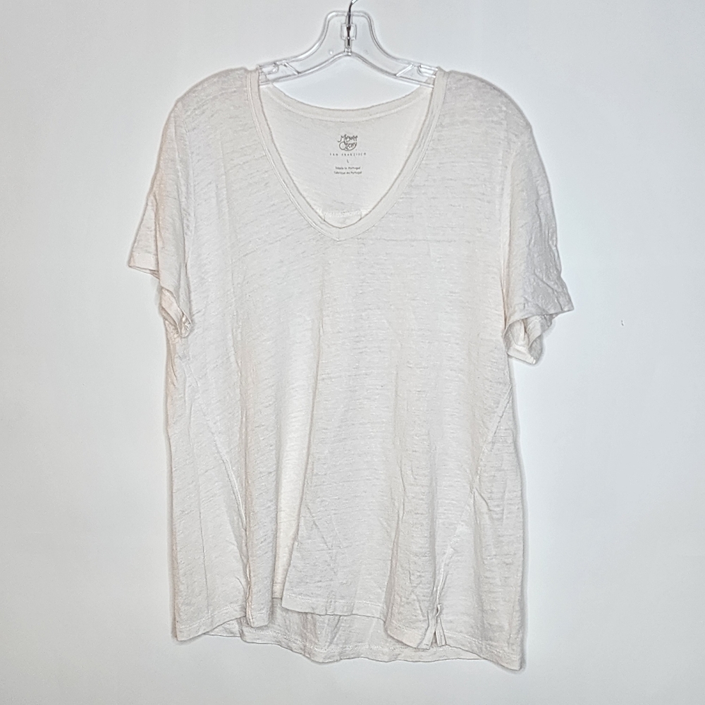 Linen T-Shirt Beachy Boho Lagenlook V-Neck Cream Large